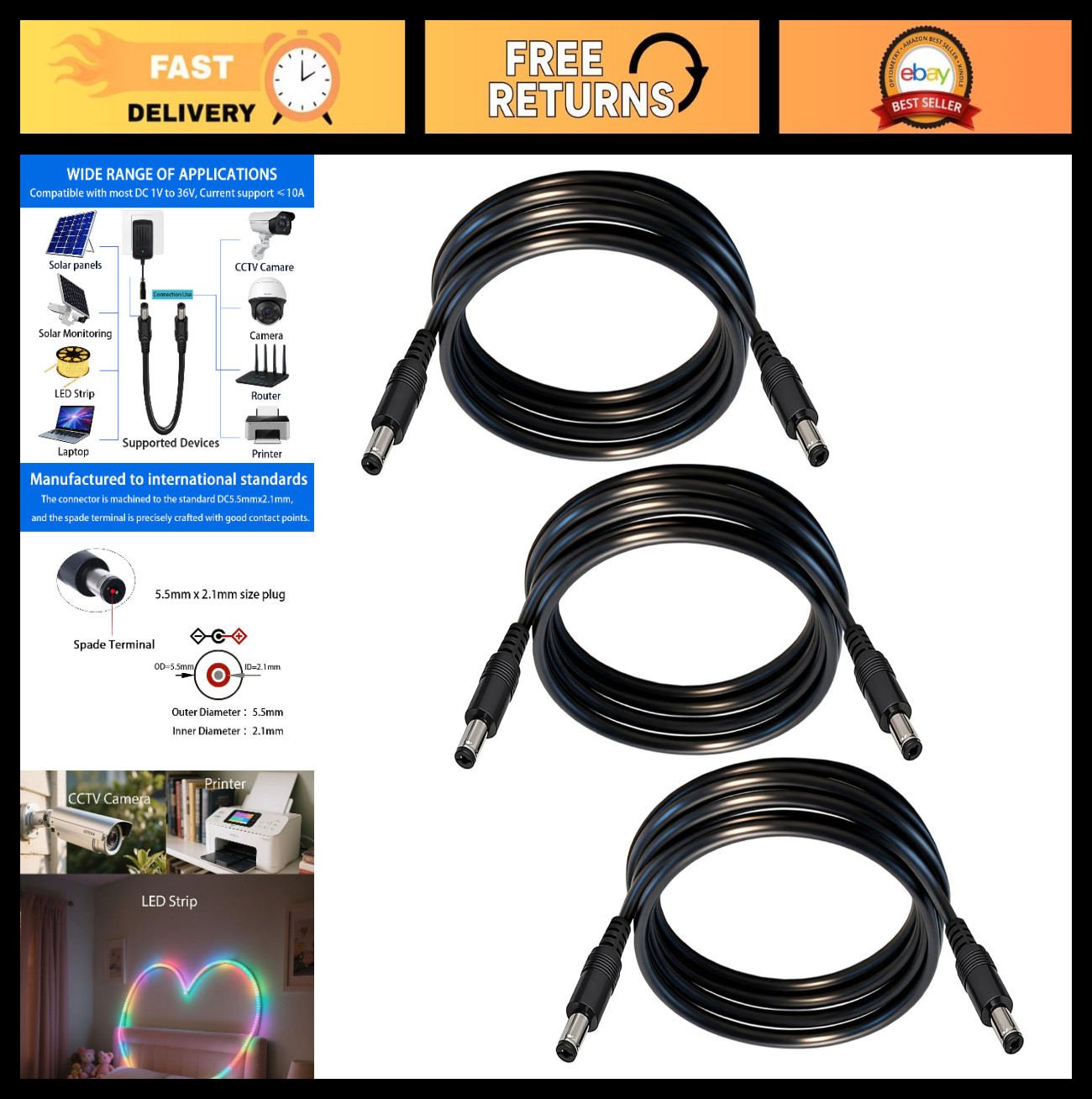 5.5mm x 2.1mm DC Power Cable - 3-Pack, 6.6FT Length, Durable & Flexible
