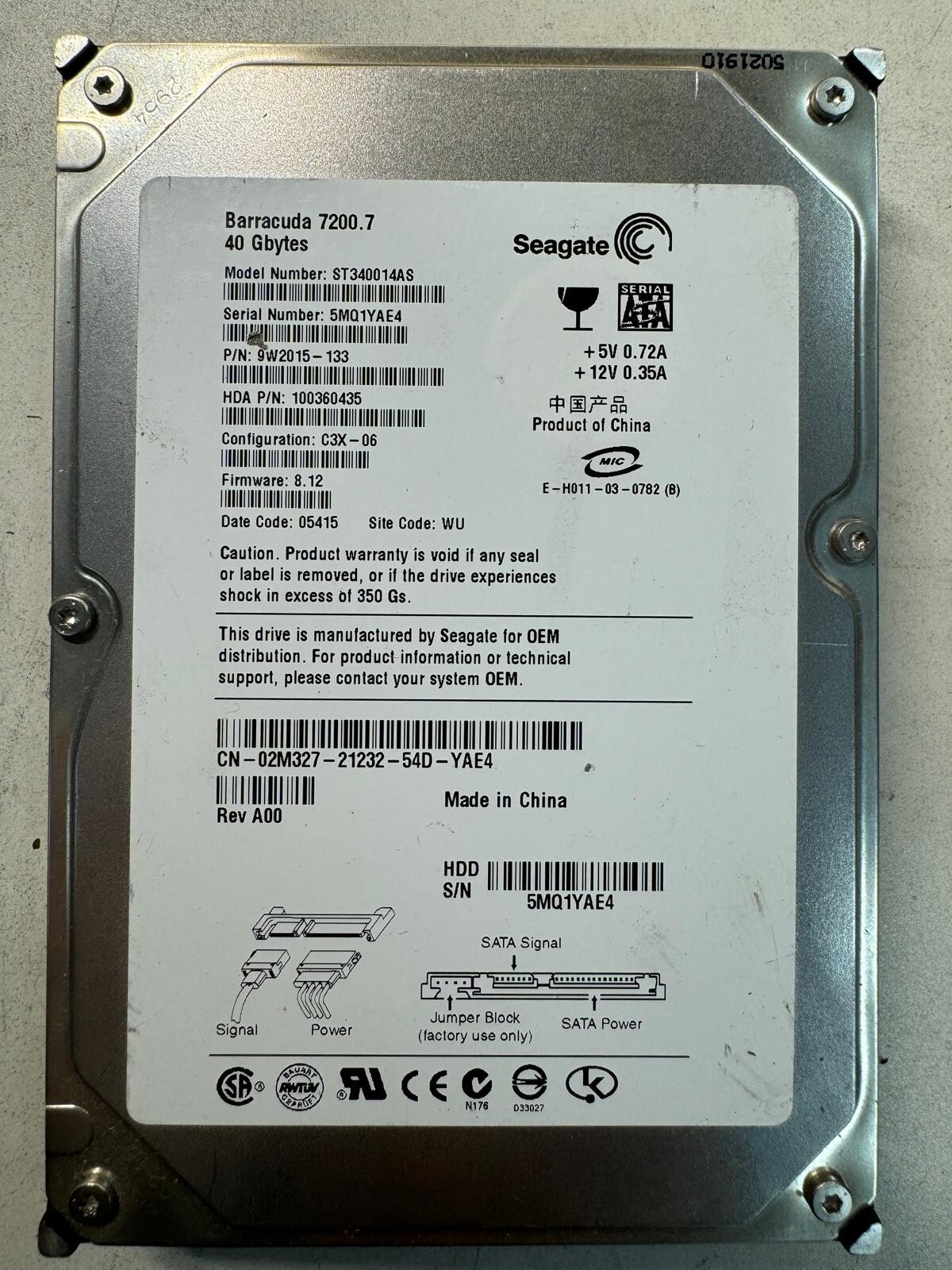 SEAGATE ST340014AS 9W2015-133 40GB Firmware 8.12 Date Code 05415 SATA 3.5" HDD