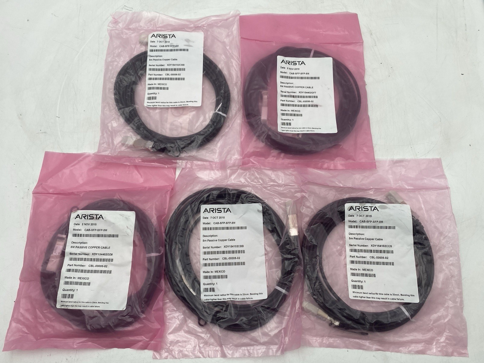 Lot of 5 Arista CAB-SFP-SFP-5M 10GB SFP+ CBL-00006-02