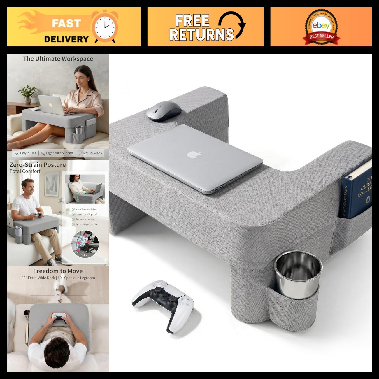 Large Ergonomic Lap Desk Pillow for Couch & Bed - Portable Laptop Stand