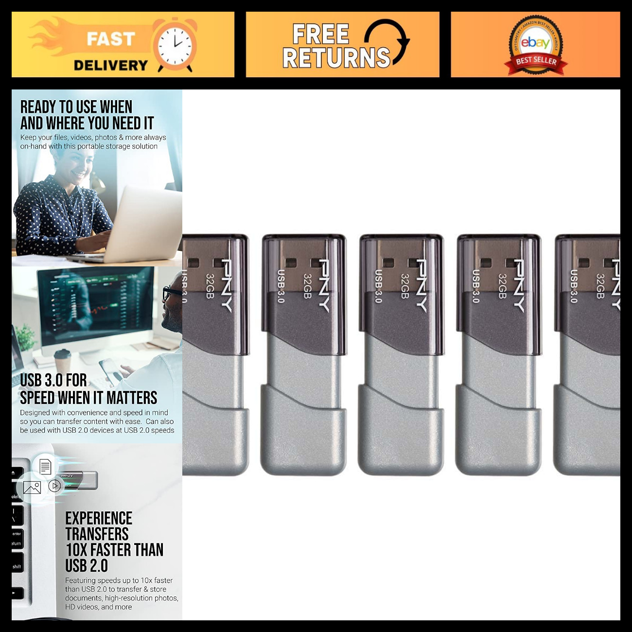 32GB USB 3.0 Flash Drive - 5-Pack, High-Speed Storage, Portable Data Transfer