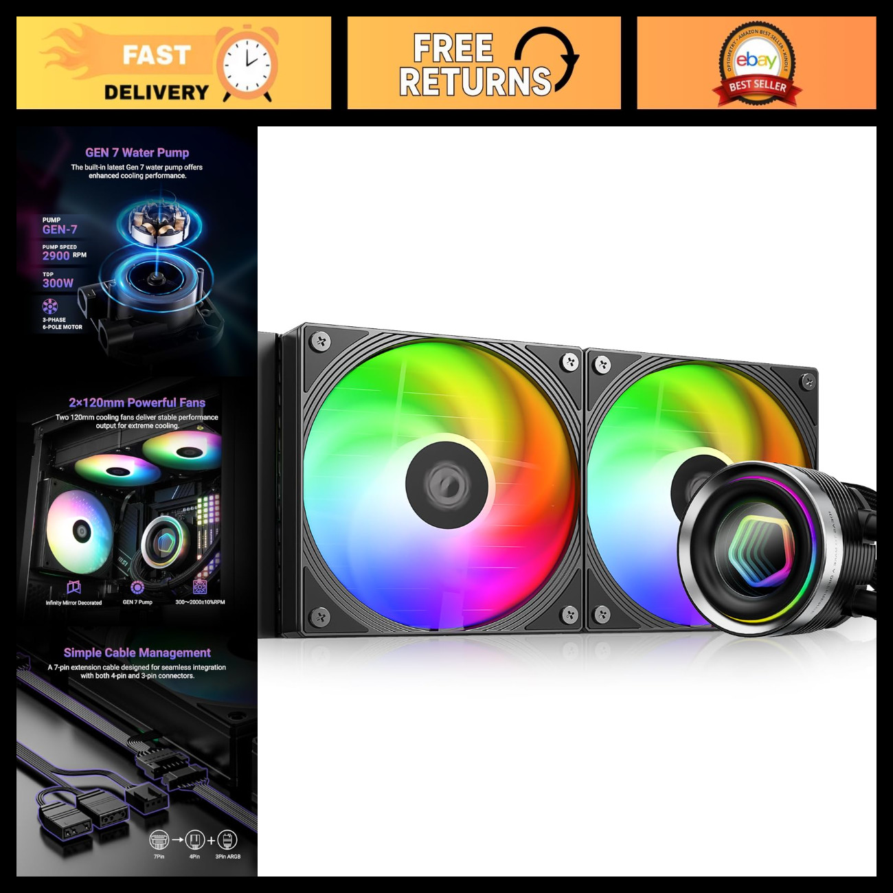 240mm AIO CPU Cooler, ARGB Lighting, Low Noise, Efficient Cooling Solution