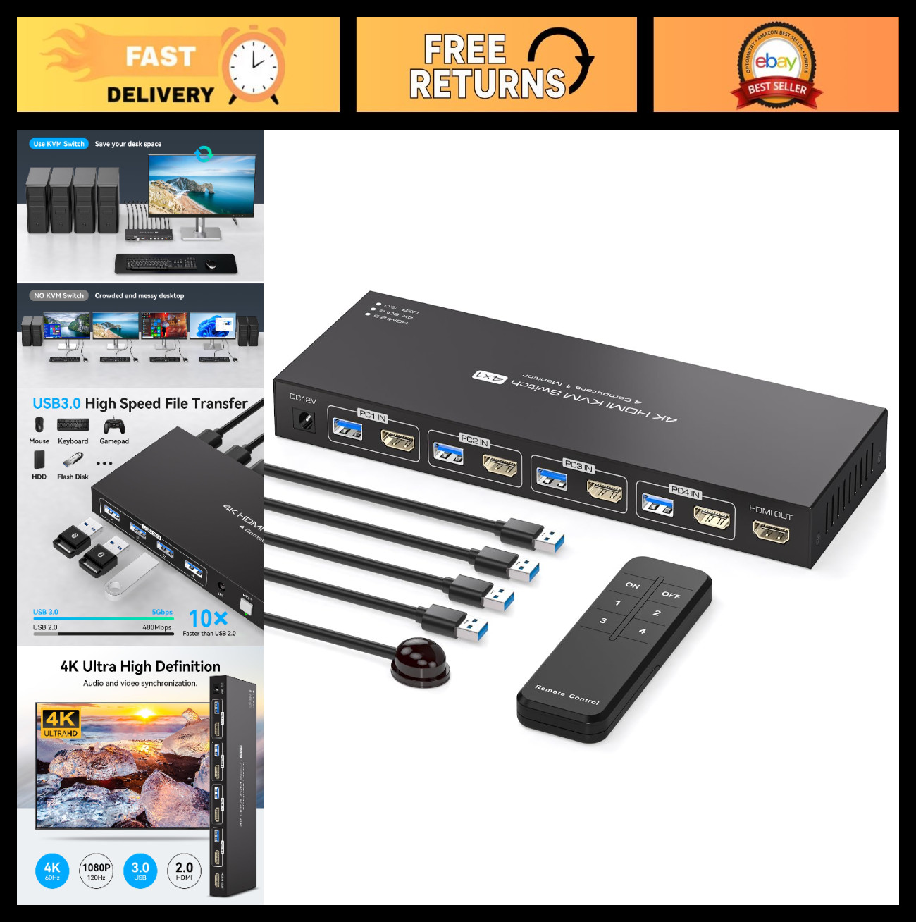 4-Port USB 3.0 HDMI KVM Switch for 4 PCs, 4K 60Hz, EDID, Monitor & USB Sharing