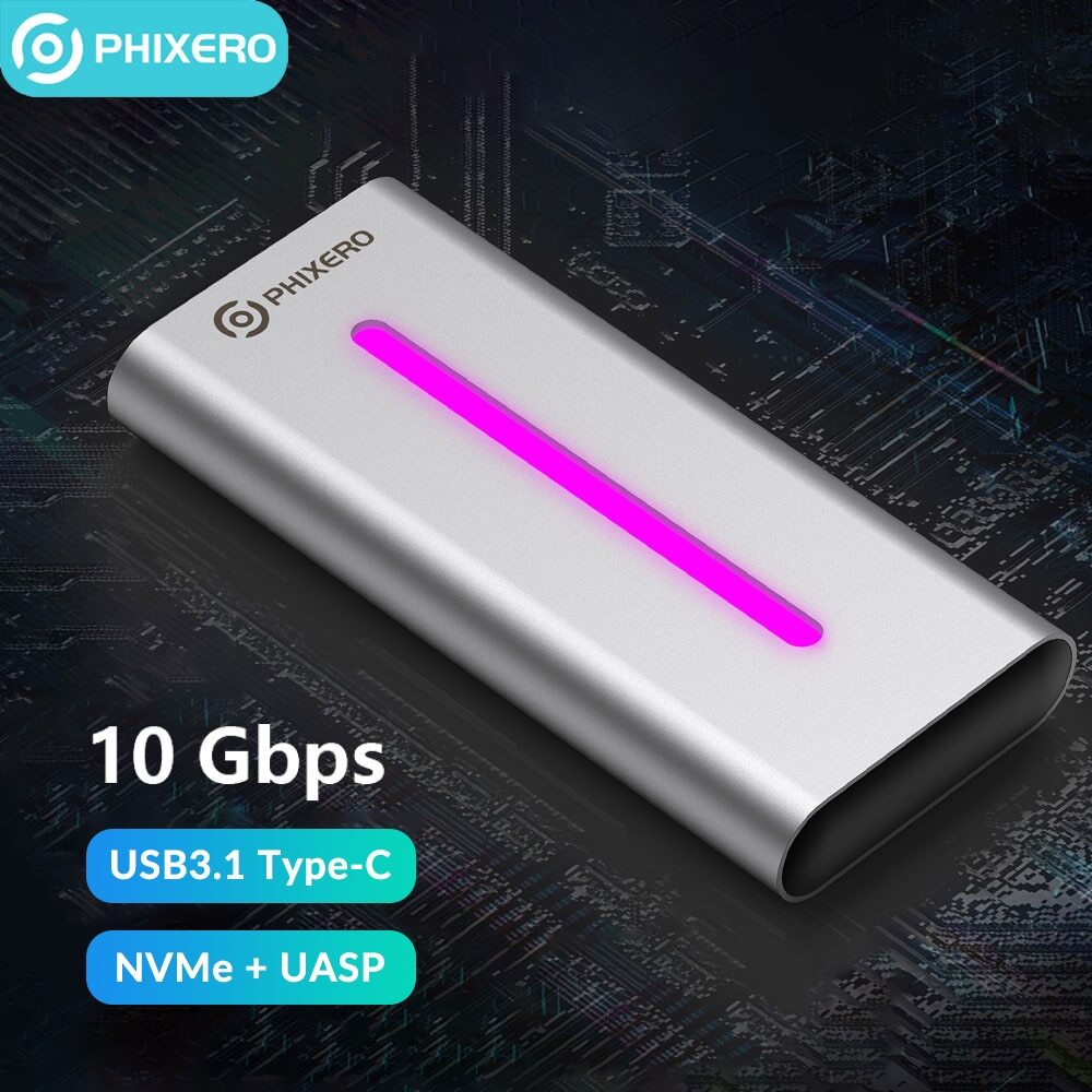 PHIXERO USB 3.2 Gen 2 10Gbps M.2 NVMe Hard Drive Enclosure SSD Enclosure RBG