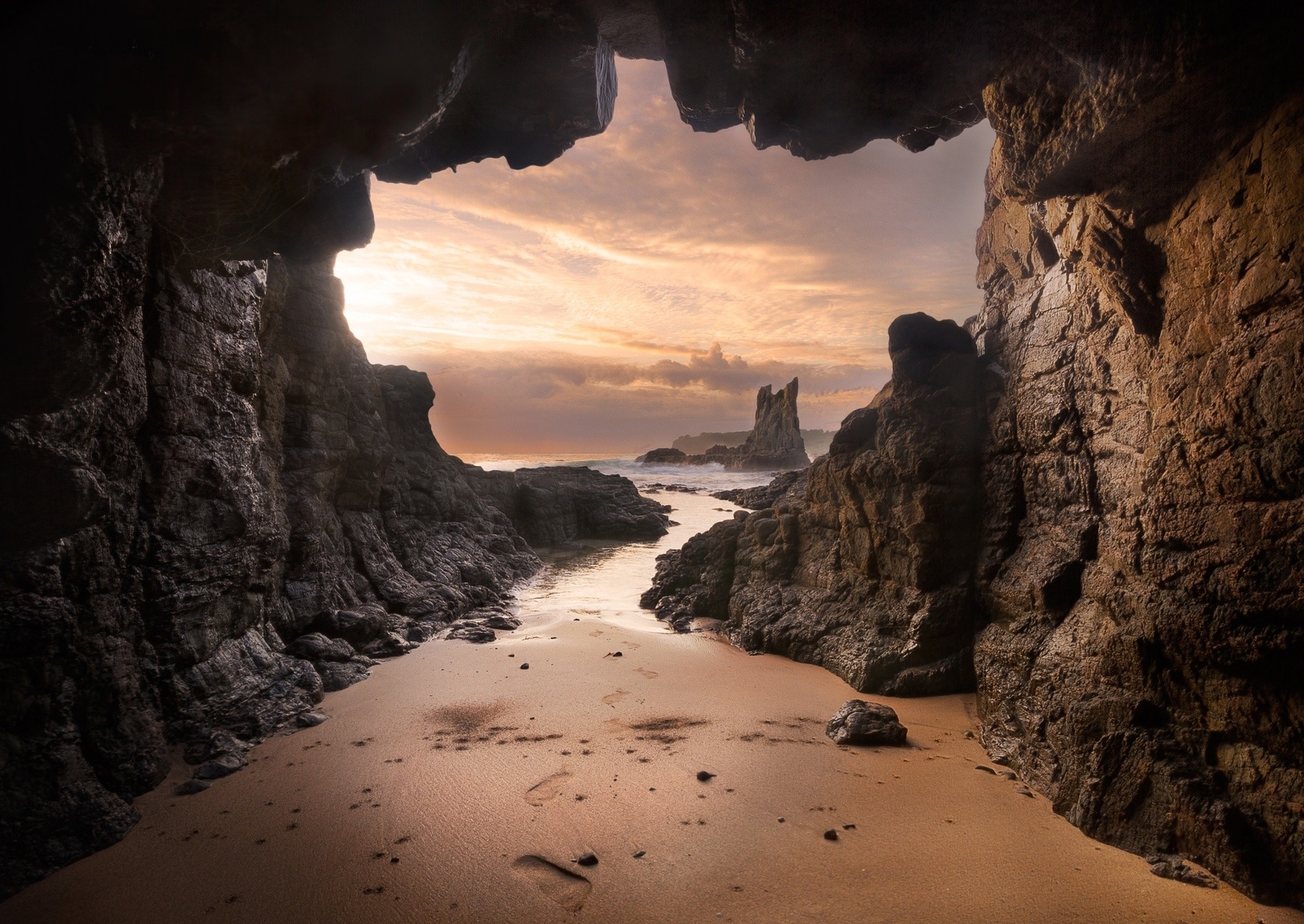 Landscape beach cave australia sand rocks sea sunset Custom Gaming Mat Desk