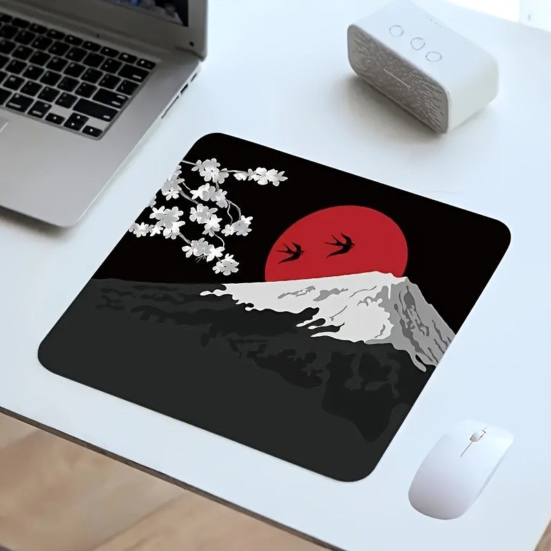 Minimalist Fuji Mouse Pad: Japanese Red Sun Cherry Blossom Desk Mat for Office