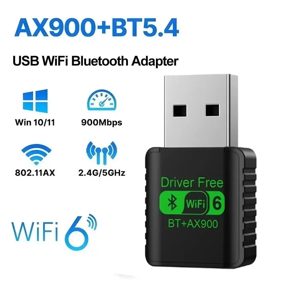 USB WiFi-6 900Mbps 2 in 1 Dongle 2.4G 5GHz Dual Band & BT 5.4 Win10,11 