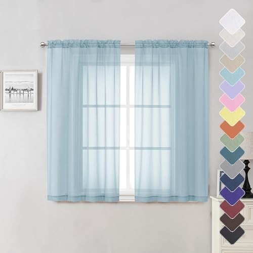  Sky Blue Sheer Curtains for Bedroom 54 Inch Length 2 Panels, Durable & Soft 