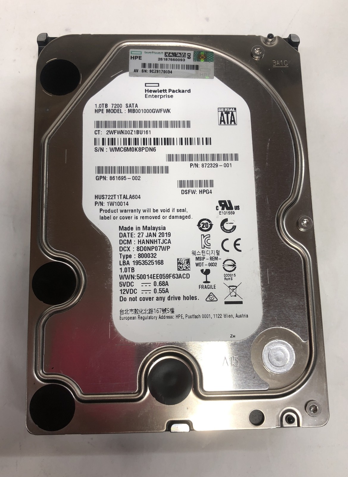 HP Enterprise HPE HDD | 1TB @ 7.2K | 32MB 3.5" SATA 6Gb/s | MB001000GWFWK