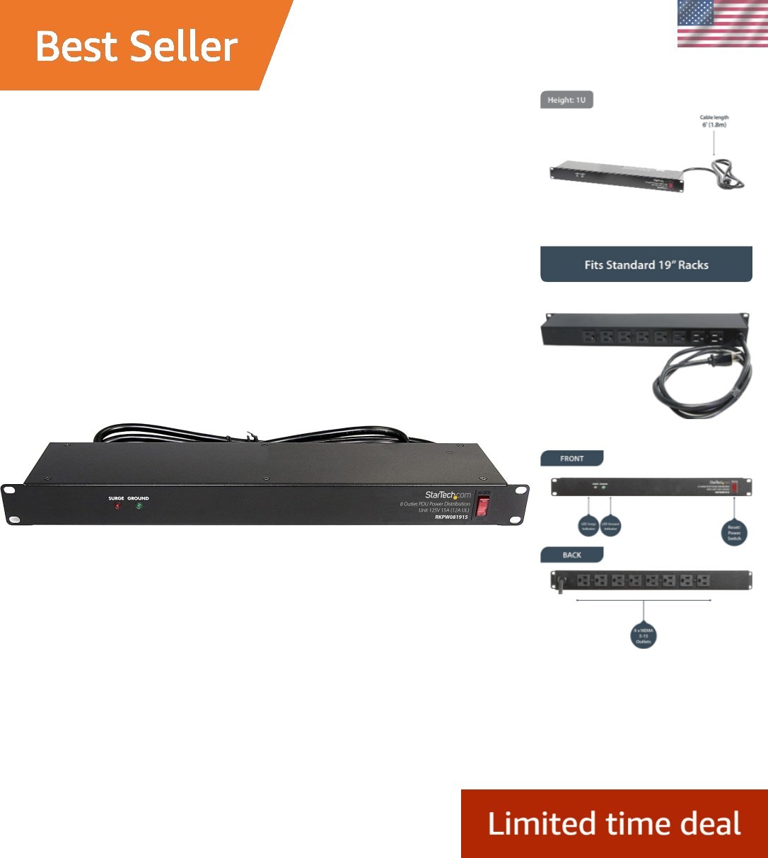 Versatile 1U Rack Power Distribution: 8 Outlets, Surge Protection, 6ft Cord