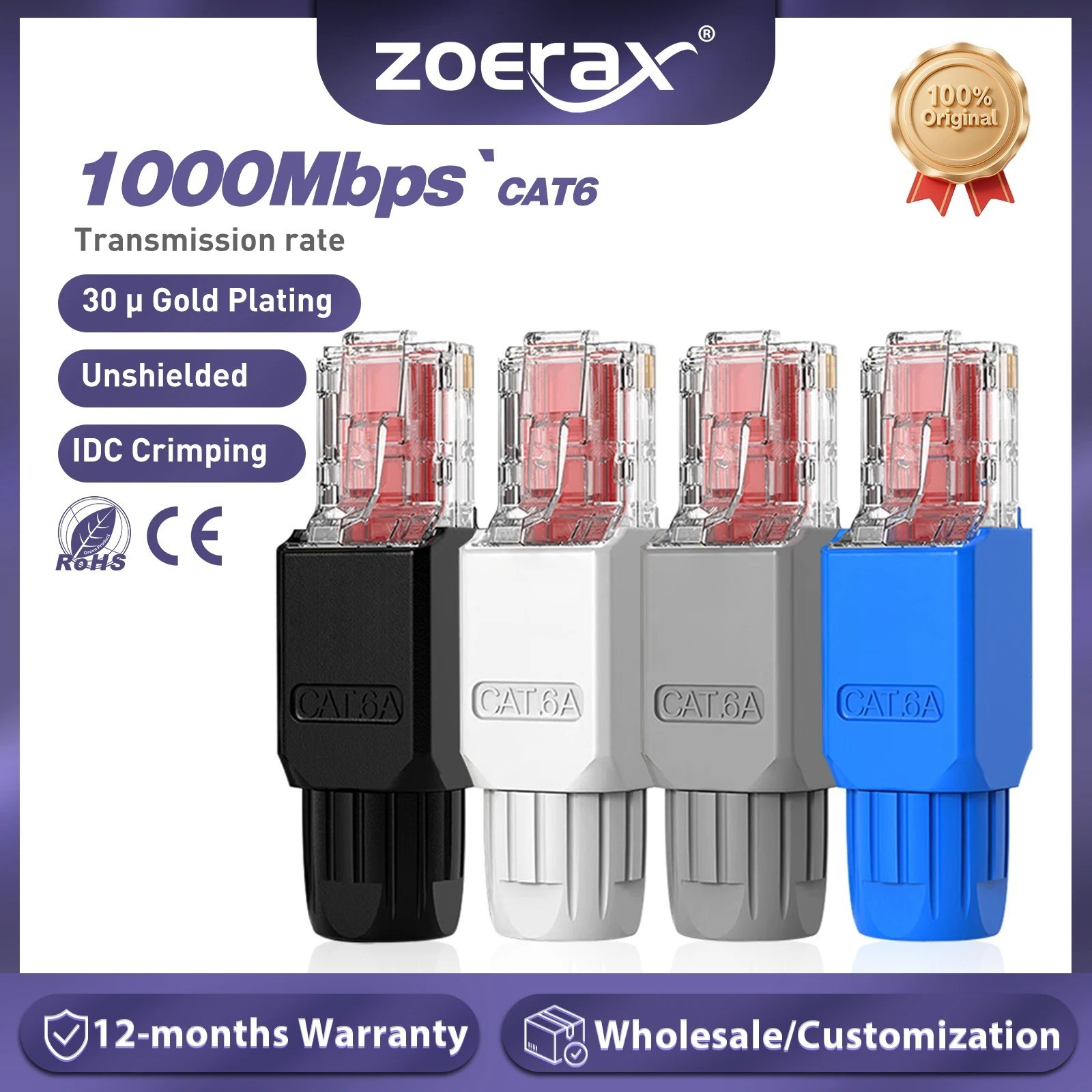 ZoeRax 10PCS RJ45 CAT6A CAT6 Connector, Tool Free Ethernet Termination Plugs