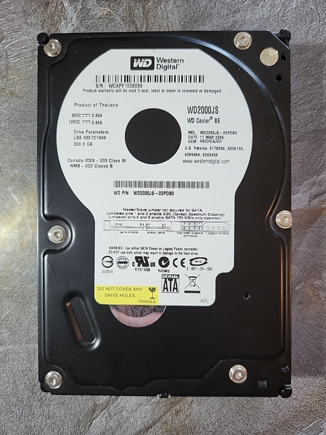 WD2000JS-00PDB0, DCM Western Digital 200GB SATA 3.5 Hard Drive