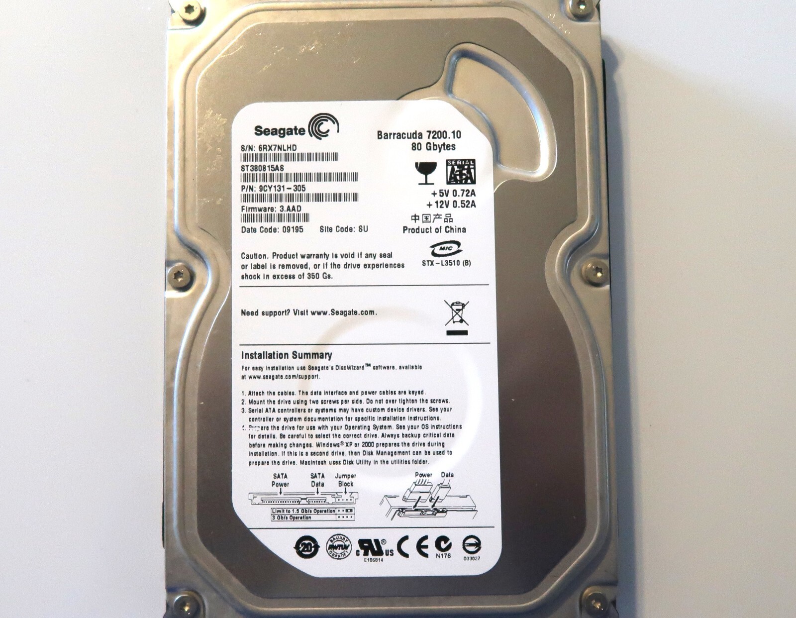 Seagate ST380815AS 9CY131-305 3.AAD (6RX) China SU 80gb 3.5" Sata 11.2008