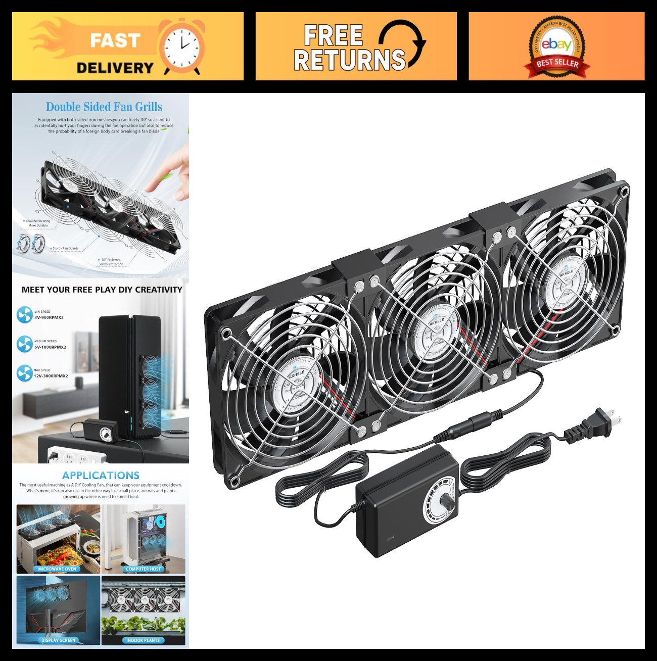 3X120mm DC Cooling Fans with AC Plug & Speed Controller for PC, Server, Greenhou