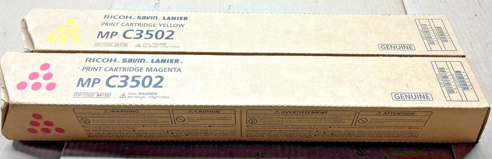 Set of Genuine Ricoh 841737 Magenta + 841736 Yellow Toners for Aficio MP C3002