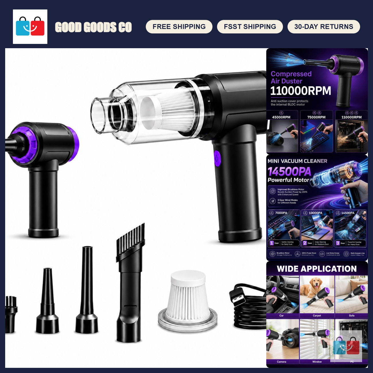 Powerful 3-in-1 Vacuum Cleaner & Air Duster for Keyboard, PC, Laptop, Car - USB