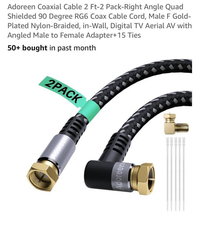 Adoreen 2-Pack 2ft RG6 Right Angle Quad Shielded Coaxial Cable for TV/AV
