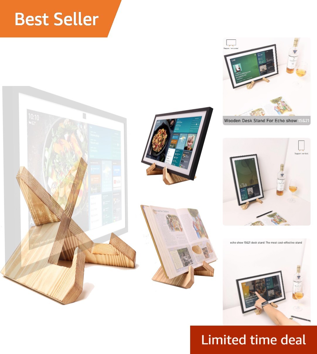 Elegant Pine Wood Tablet and Cookbook Holder for Echo Show 15 & 21 - Light Brown