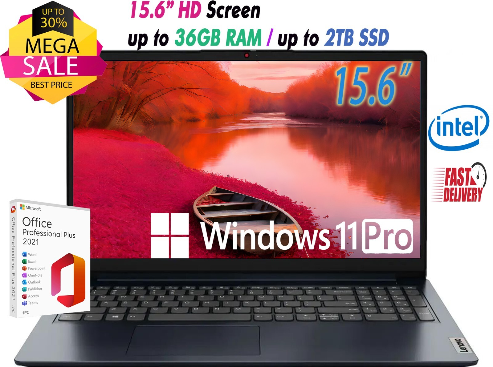 Lenovo Slim Laptop 15.6" N4500 Up to 36GB RAM & 2TB SSD Win11 PRO+OFFICE Blue