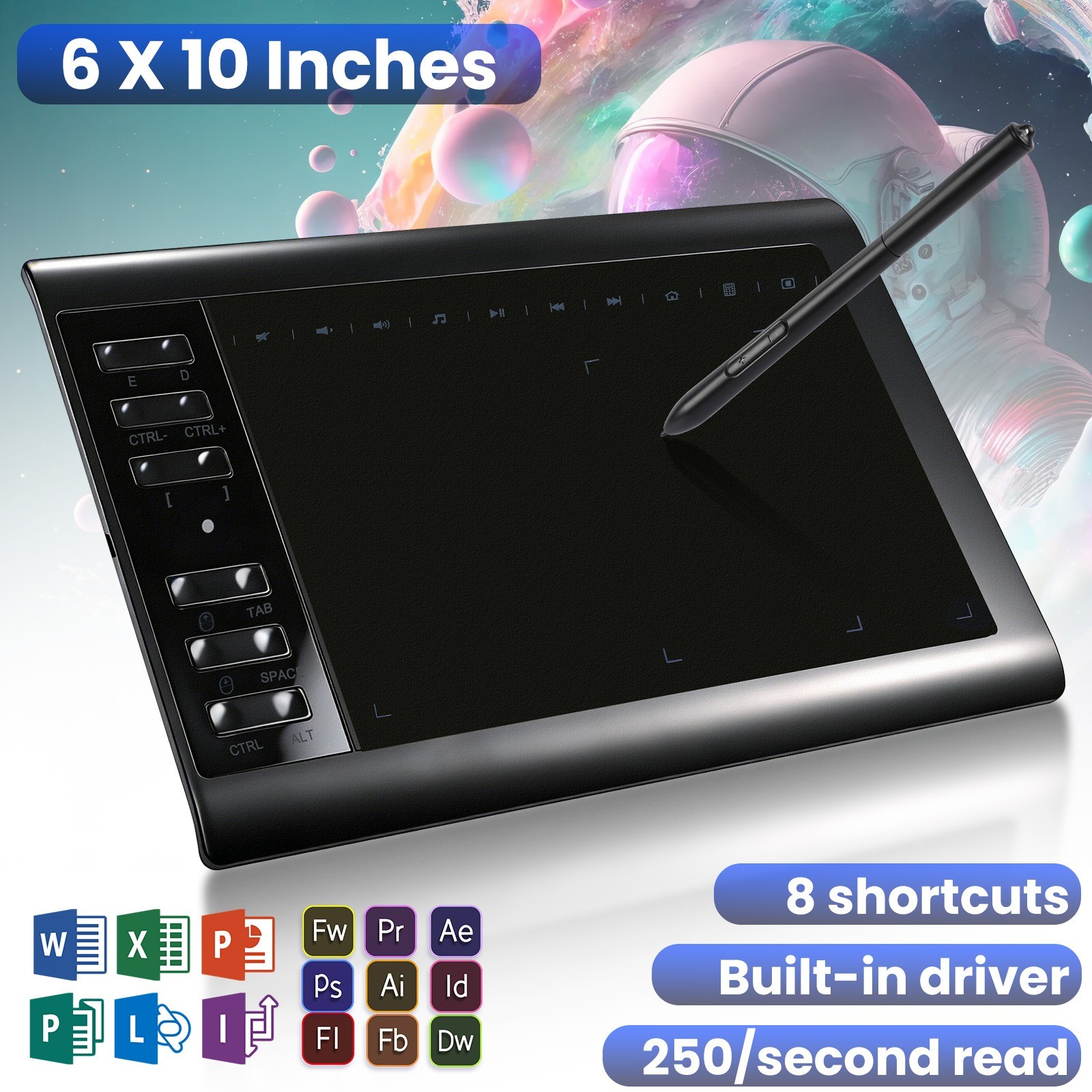 Tableta 10x6inch Pluma De Dibujo Digital Para Graficos Grafica Digitalizadora US