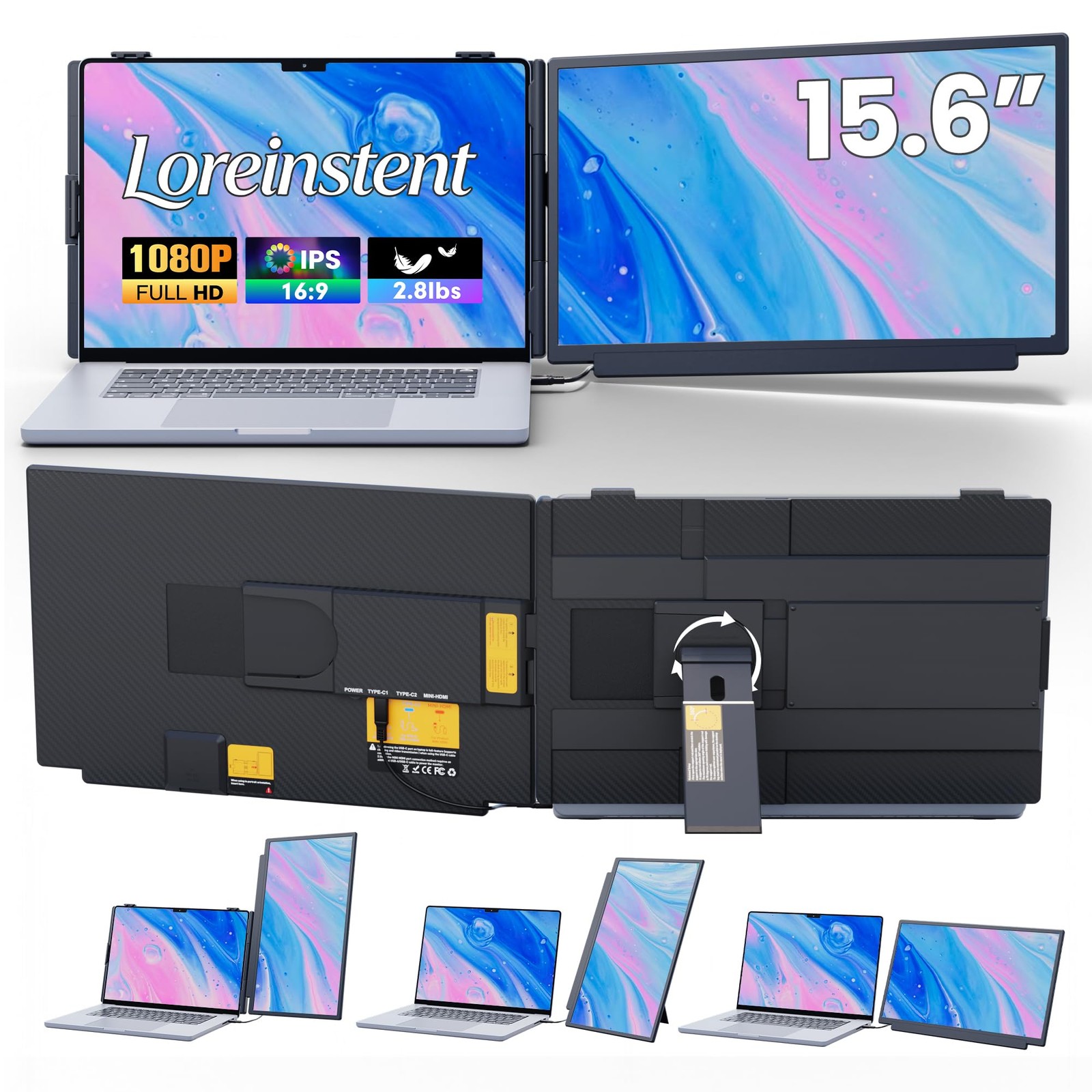 Loreinstent 15.6" Laptop Screen Extender, FHD 1080 IPS 15.6 inch, Black