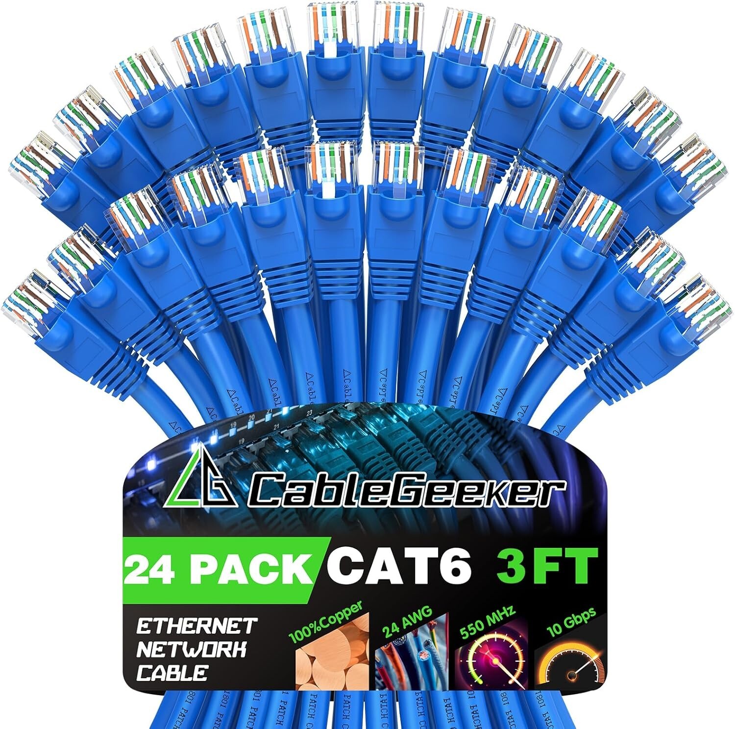 CableGeeker Cat 6 Patch Cables 3 ft (24-Pack) Cat6 Ethernet Cables, Blue