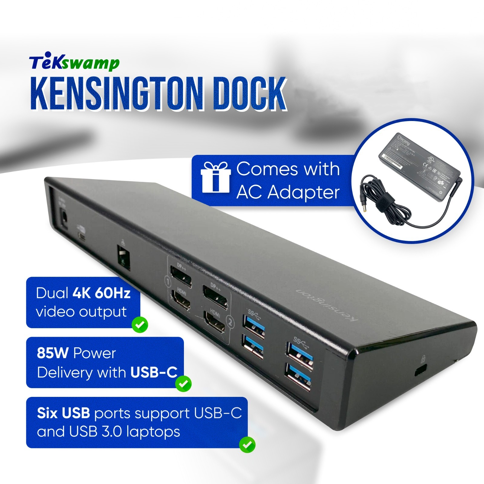 Original Kensington SD4750P USB-C 3.0 Dual 4K Hybrid Docking Station w/Adapter