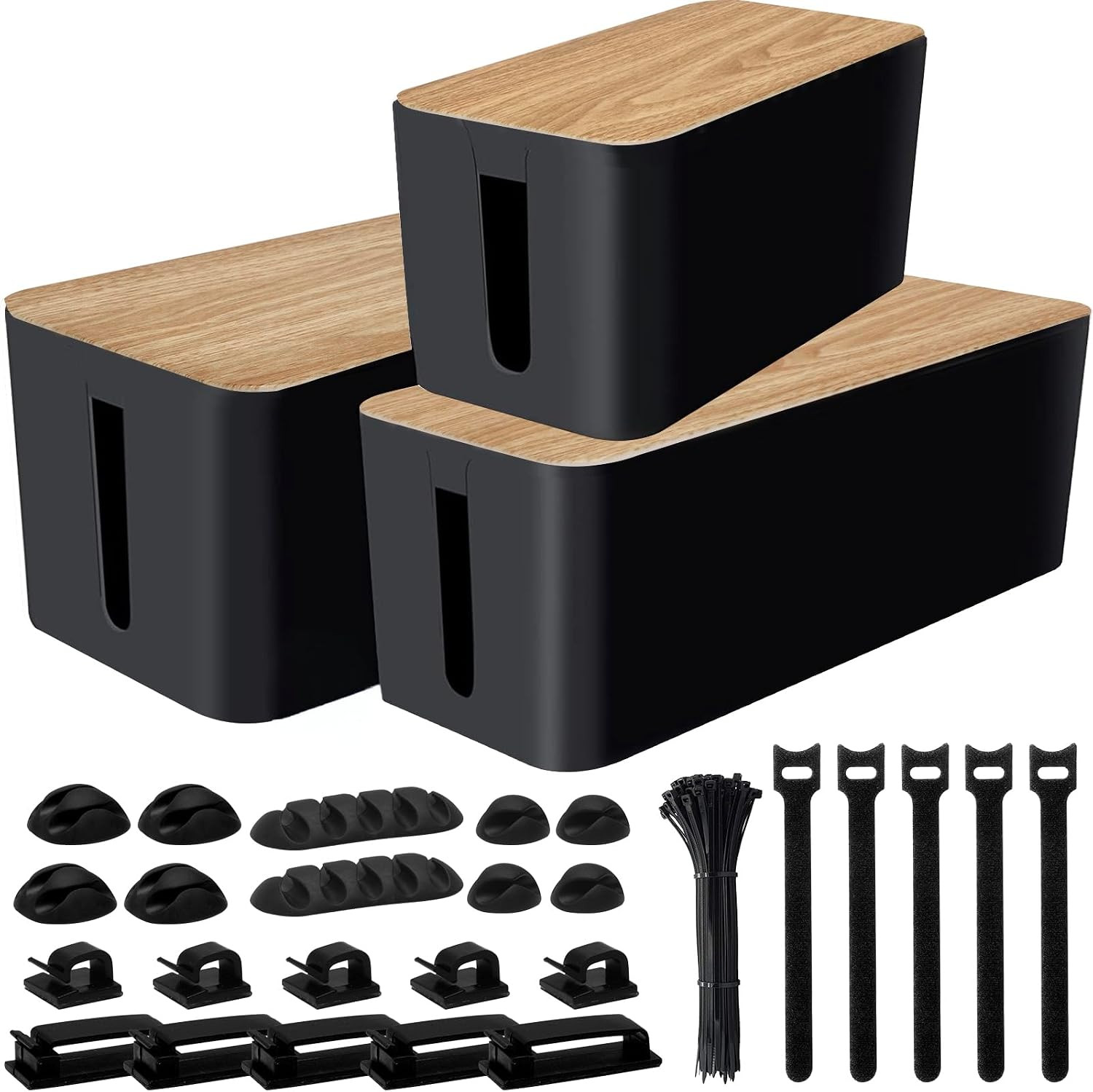 Kit Organizador de Cables 128 Piezas 3 Cajas Oculta Cables para Regleta en Negro