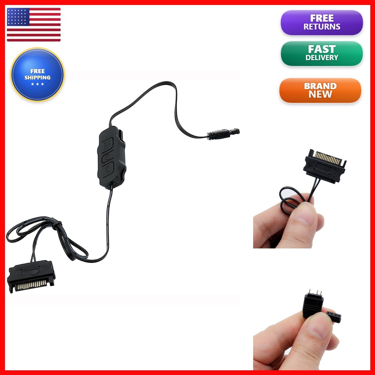 ARGB PC Fan Controller Kit 5V 3Pin ARGB Splitter SATA Power Hub - Black