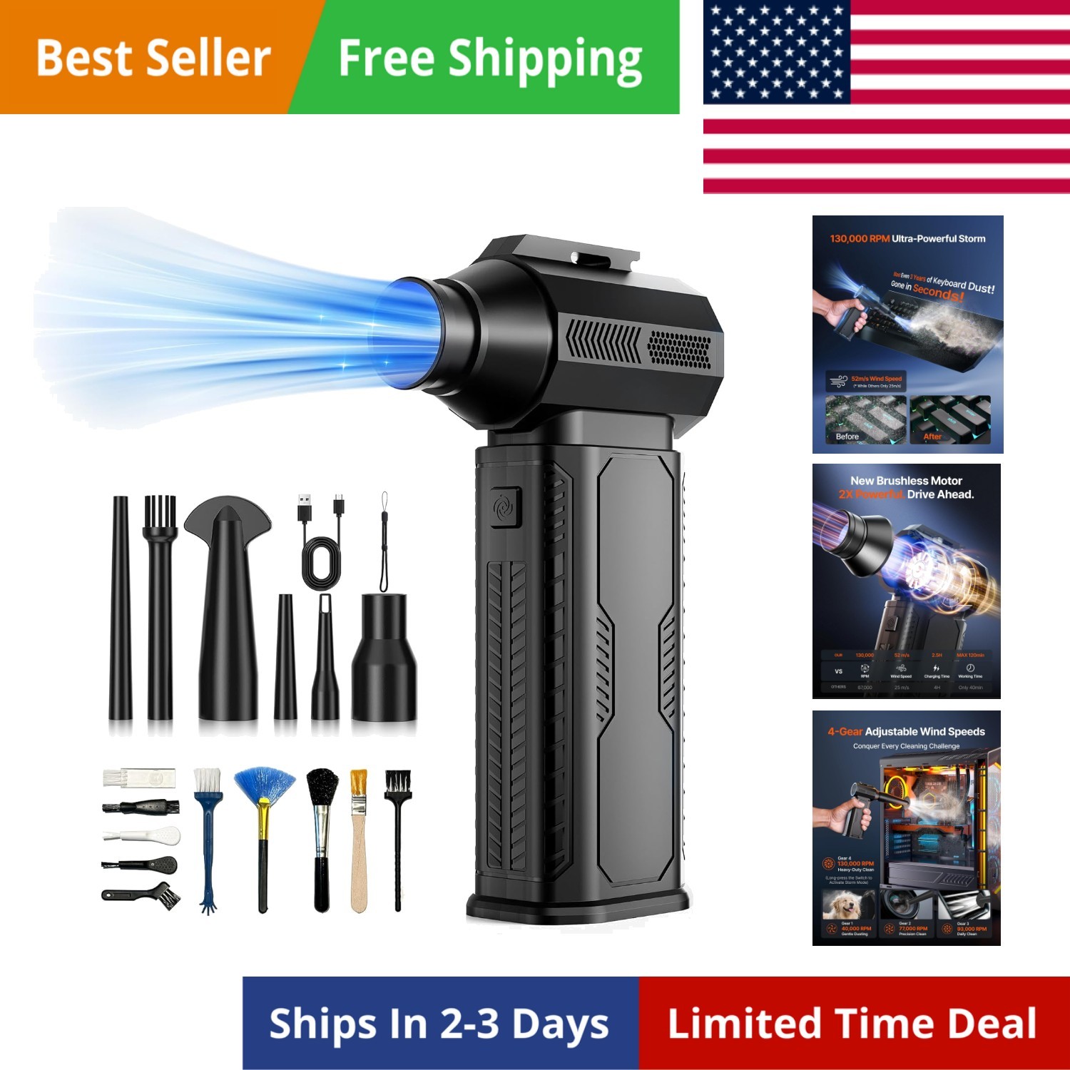 Compressed Air Duster, 130,000RPM Ultra-Powerful Cordless Electric Air Duster...