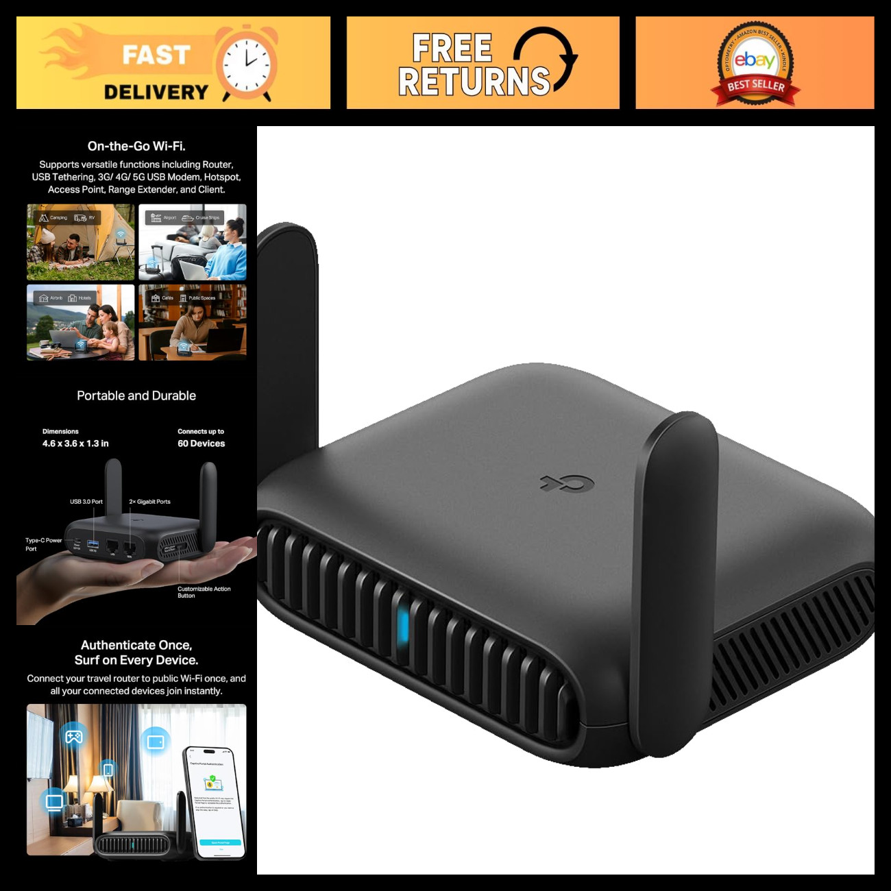 Portable Wi-Fi 6 Travel Router AX1500 Dual-Band USB-C 3.0 - Fast Internet Anywhe