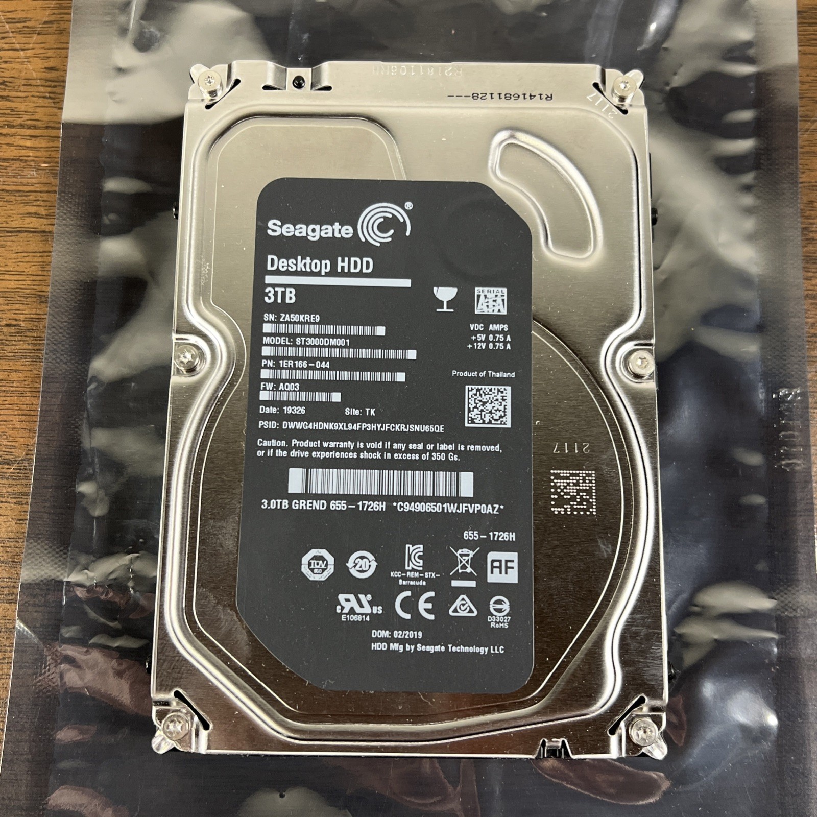 Seagate ST3000DM001 1ER166-044 AQ03 (ZA50) TK Thailand 3TB 3.5" Sata 03/2019