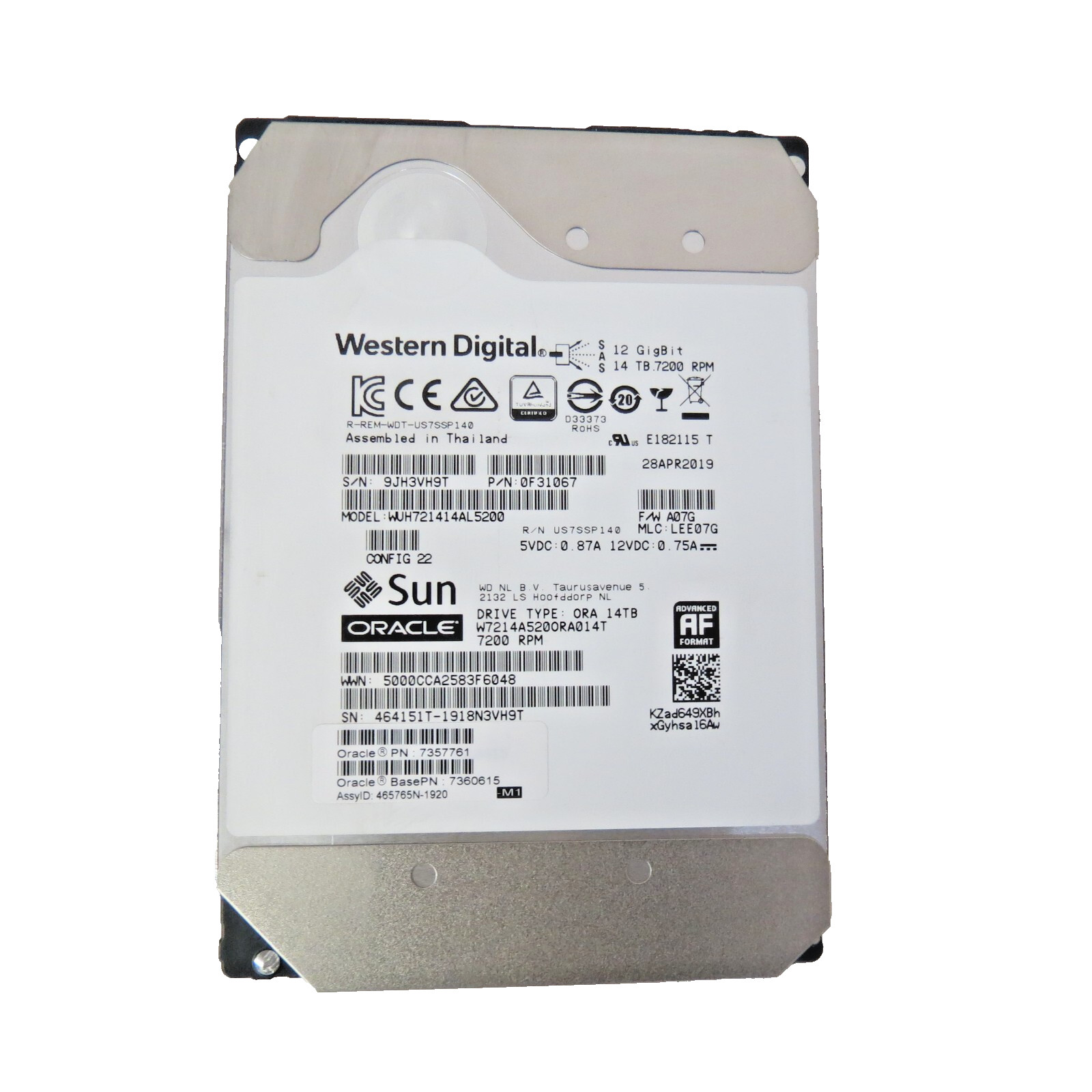 Sun ORACLE 7360615 14.0TB (14TB) 3.5" 7200 RPM 12Gb/Sec SAS HDD WUH721414AL5200