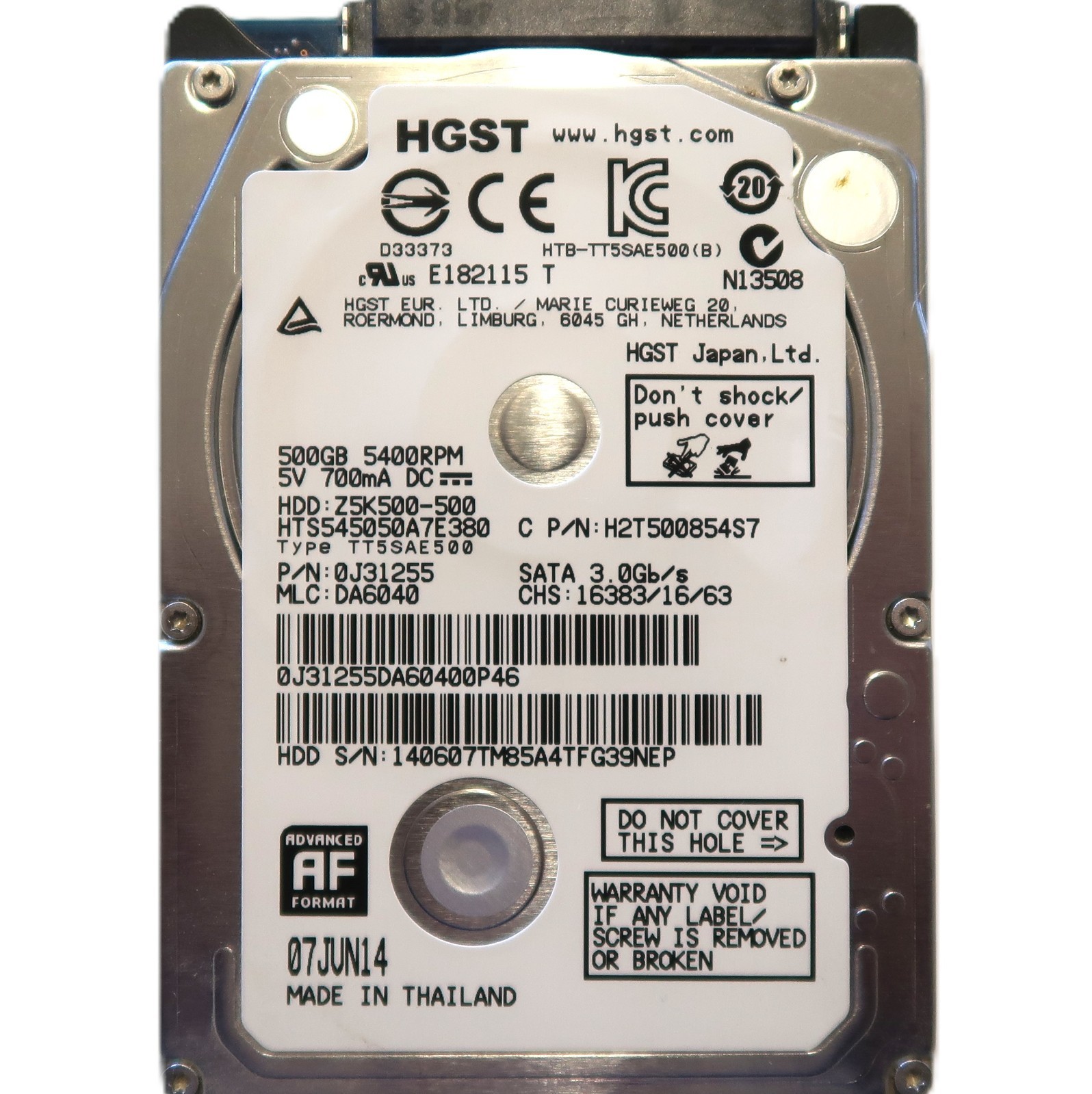 Hitachi HTS545050A7E380 0J31255 DA6040 (140) Thailand 500gb 2.5" Sata HDD JUN-14