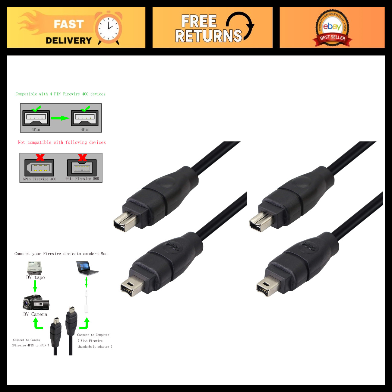 FireWire 400 Cable 4 Pin Male to Male iLink DV Cord for PC & Camcorder - 6ft (2