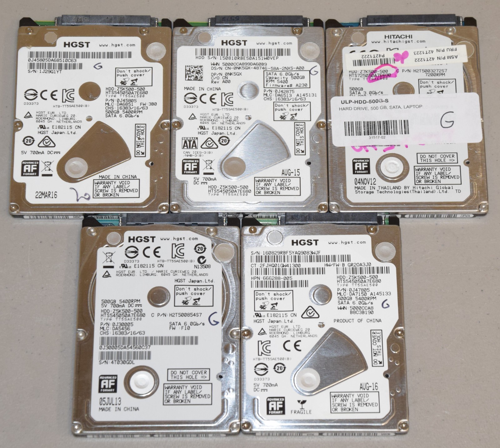 Mixed Lot 5 HGST 2.5" 7mm SATA Hard Drive Z5K500-500 Z7K500-500 NK5GX 42T1222