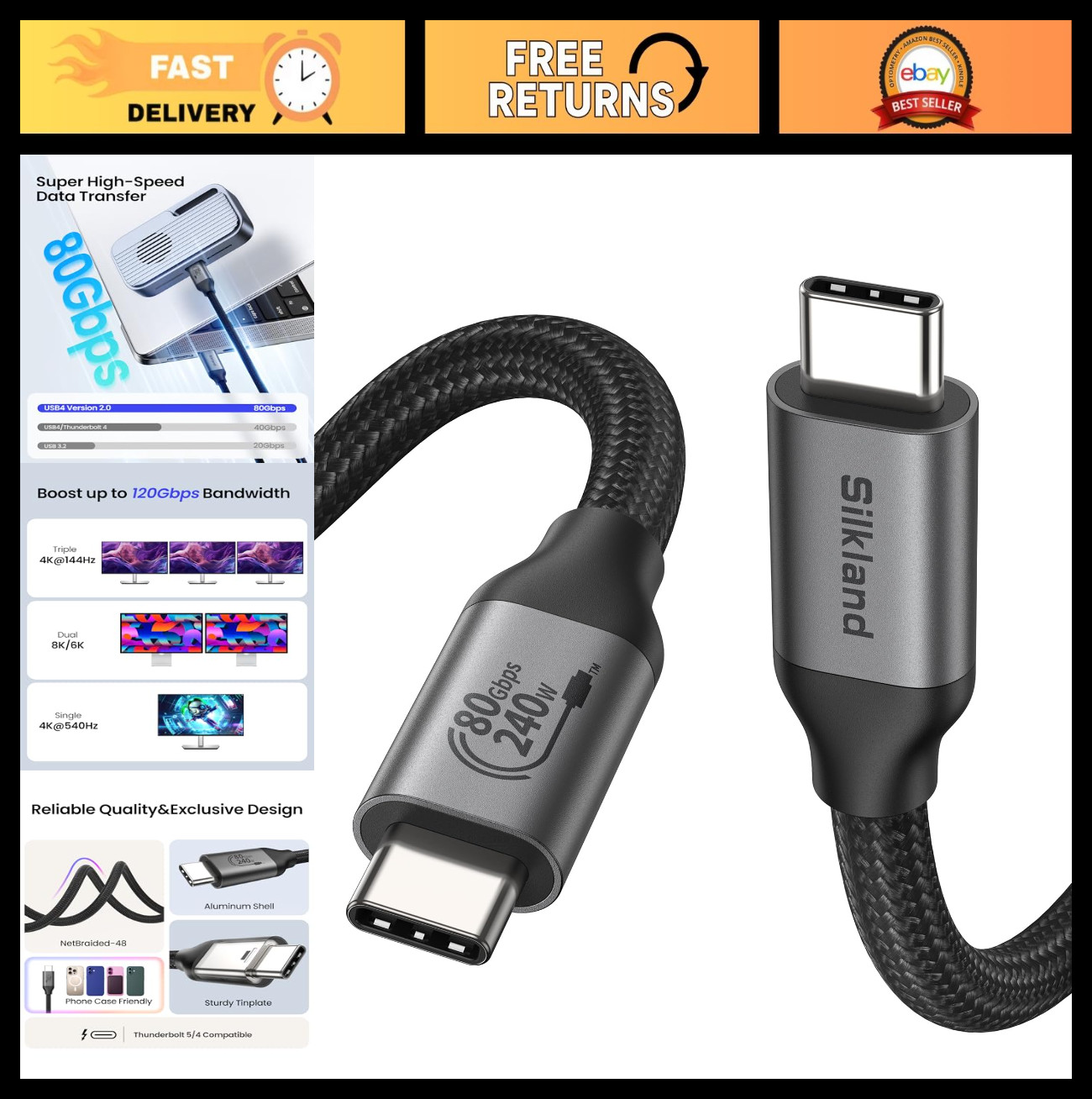 80Gbps USB 4 Thunderbolt 5 Cable 10FT, 120Gbps for 16K/Dual 8K, 240W Fast Chargi
