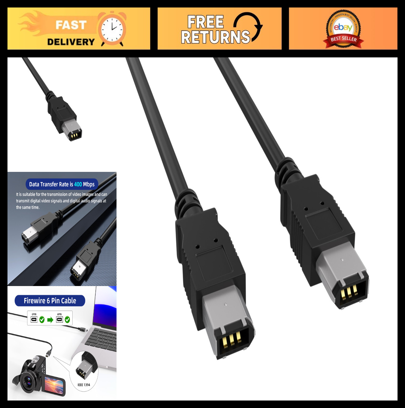 15ft FireWire 400 IEEE 1394a 6-Pin Male to Male Data Transfer Cable, High Speed