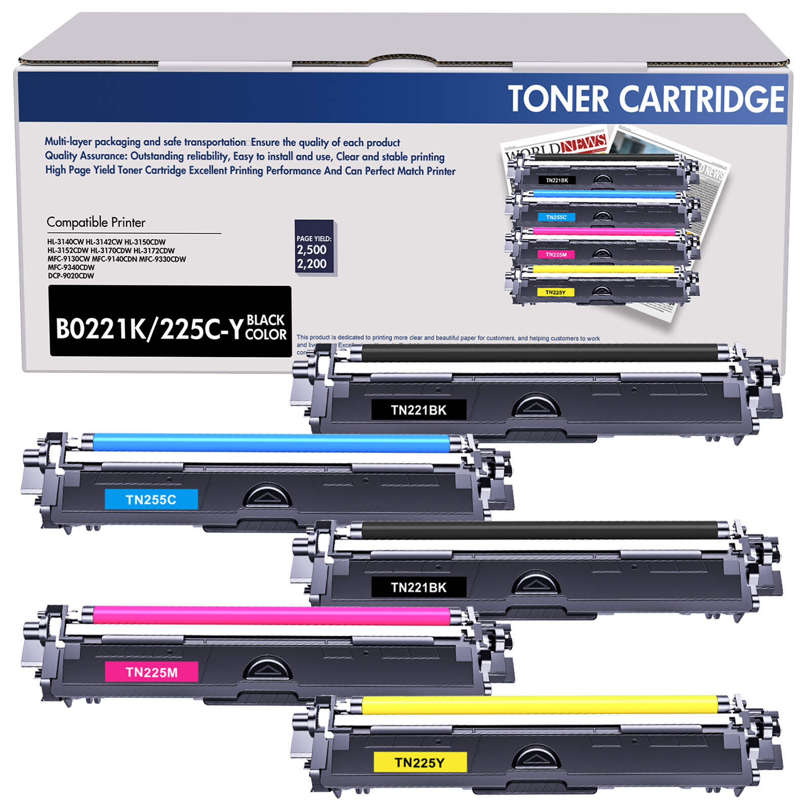 5x Color TN221 TN225 Toner Compatible With Brother HL-3140CW DCP-9020 MFC-9130CW