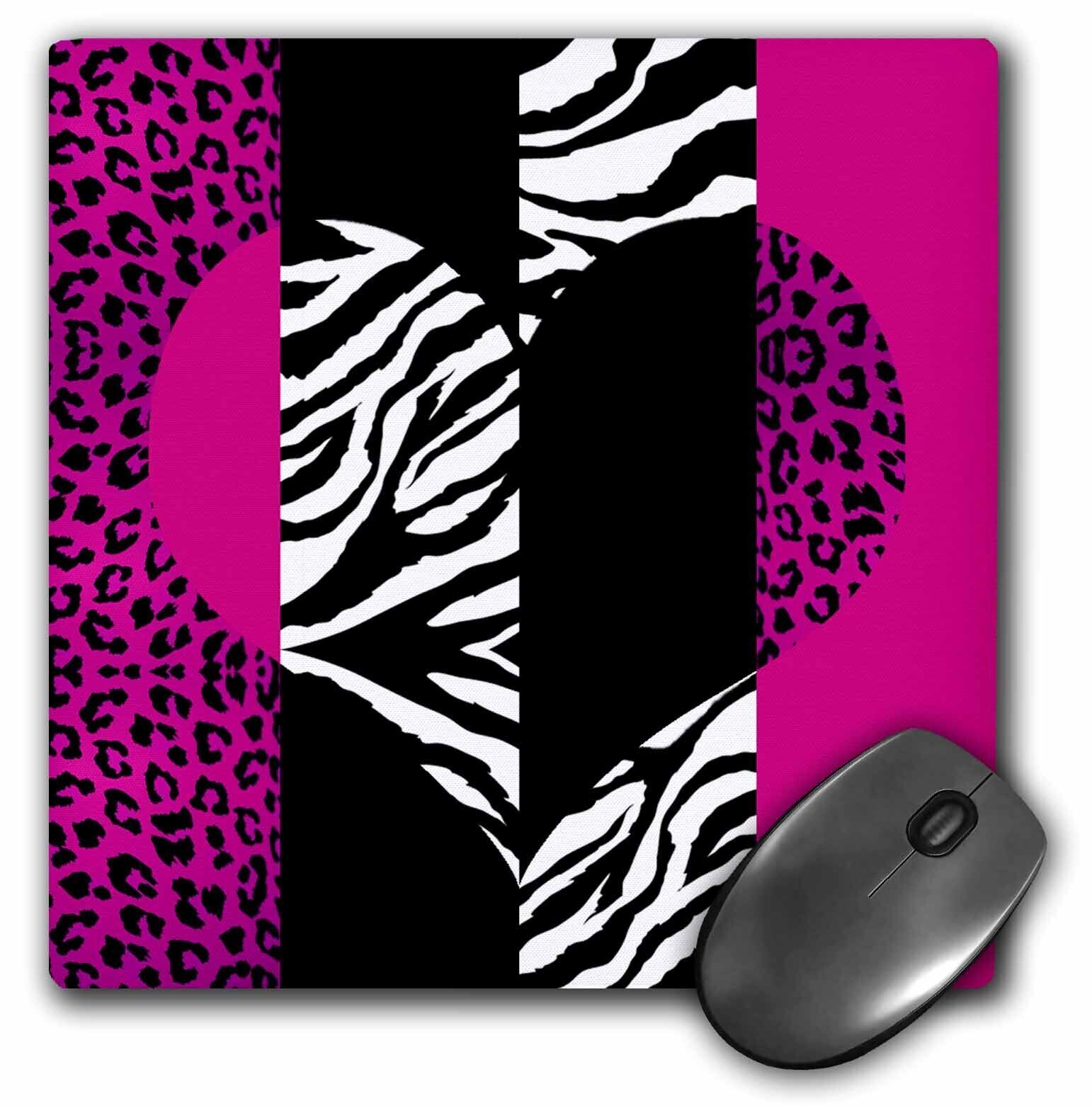 3dRose Pink Black and White Animal Print - Leopard and Zebra Heart MousePad