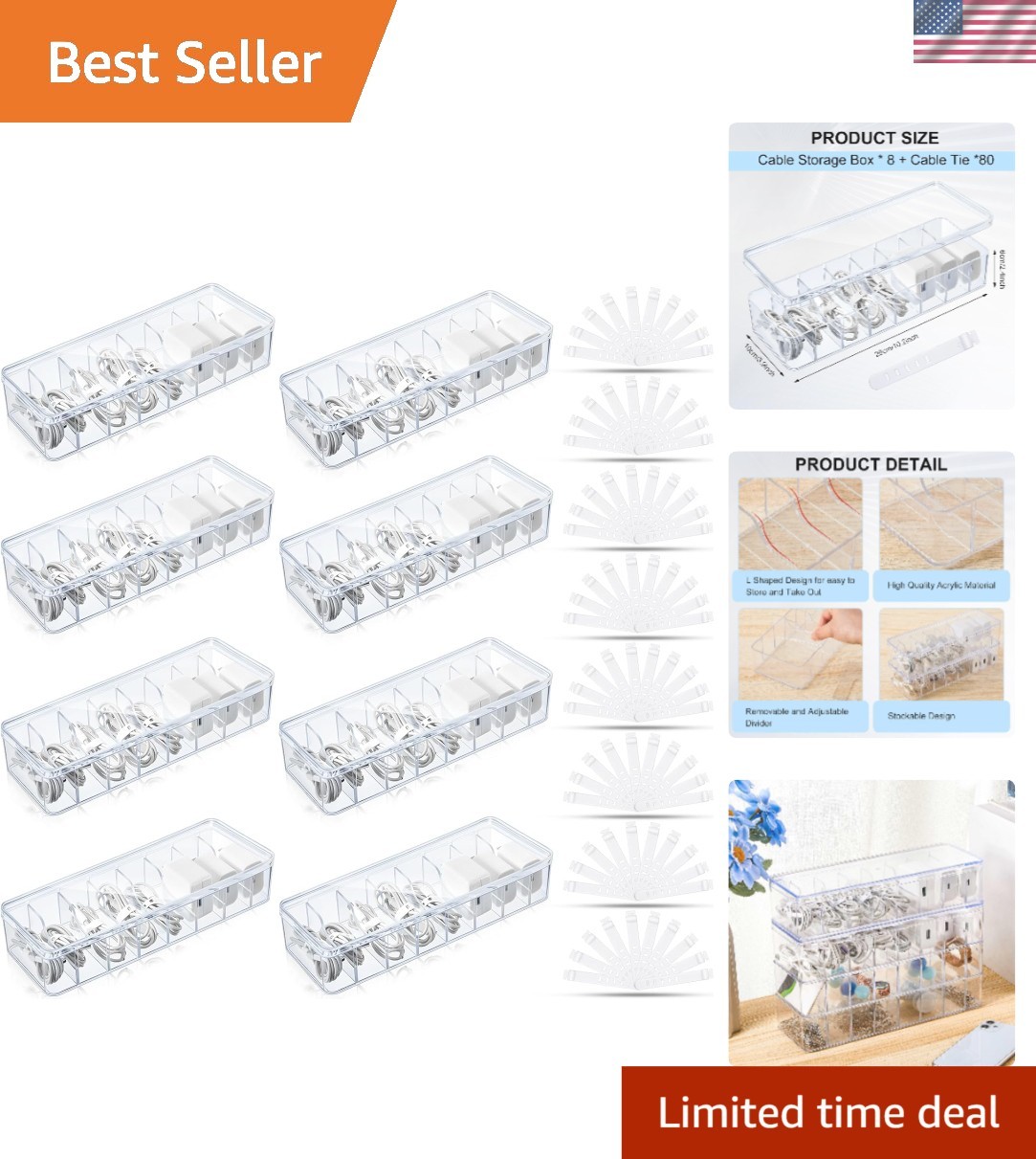 Transparent Cord Storage Box Set with Adjustable Compartments & 80 Silicone Ties
