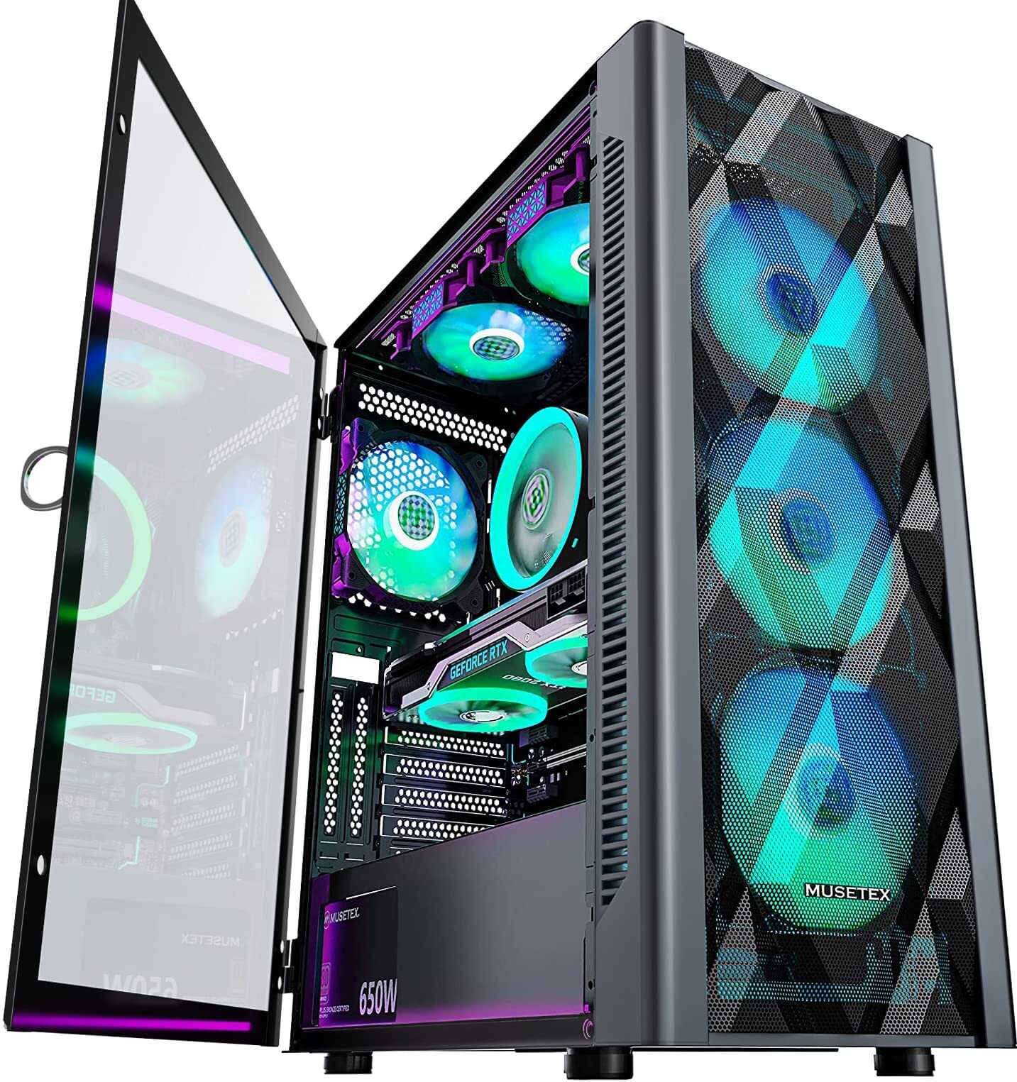 ATX PC Case with 6 PWM ARGB Fans Mesh Front Tempered Glass Side Panel USB 3.0