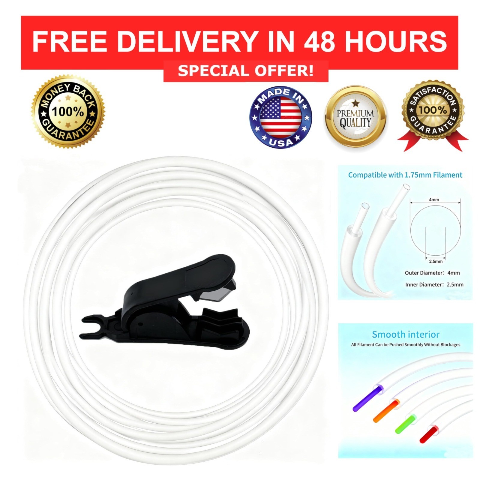 PTFE Tube 5m 2.5mm ID x 4mm OD Bowden for 1.75mm Filament 3D Printer