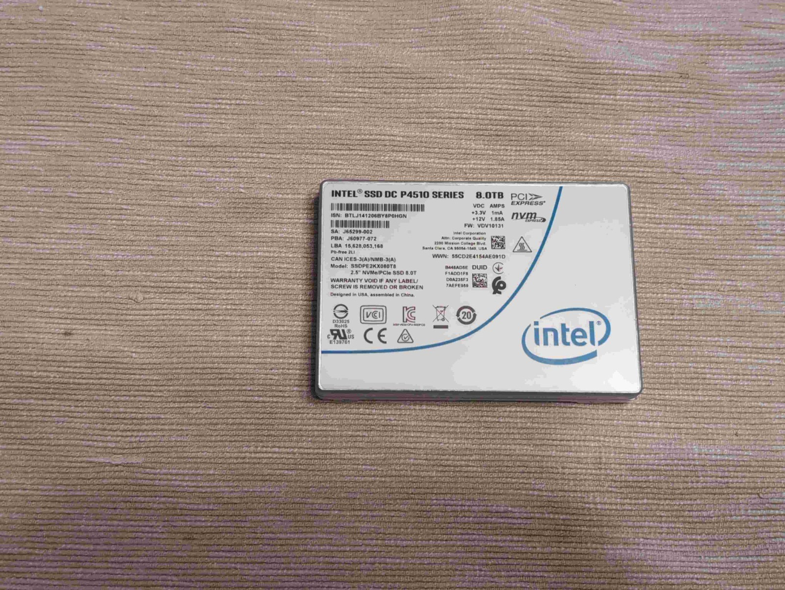 Intel P4510 8.0 TB U.2 Enterprise NVMe PCIE 3.0 SSD - SSDPE2KX080T8 - 100% Life