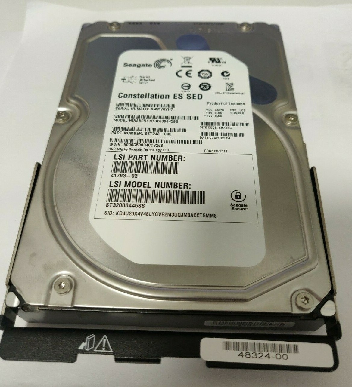 LSI 41793-02 SED ST32000445SS 2TB 7.2K 6Gb SAS 3.5" Hard Drive w/ 48324-00 Sled