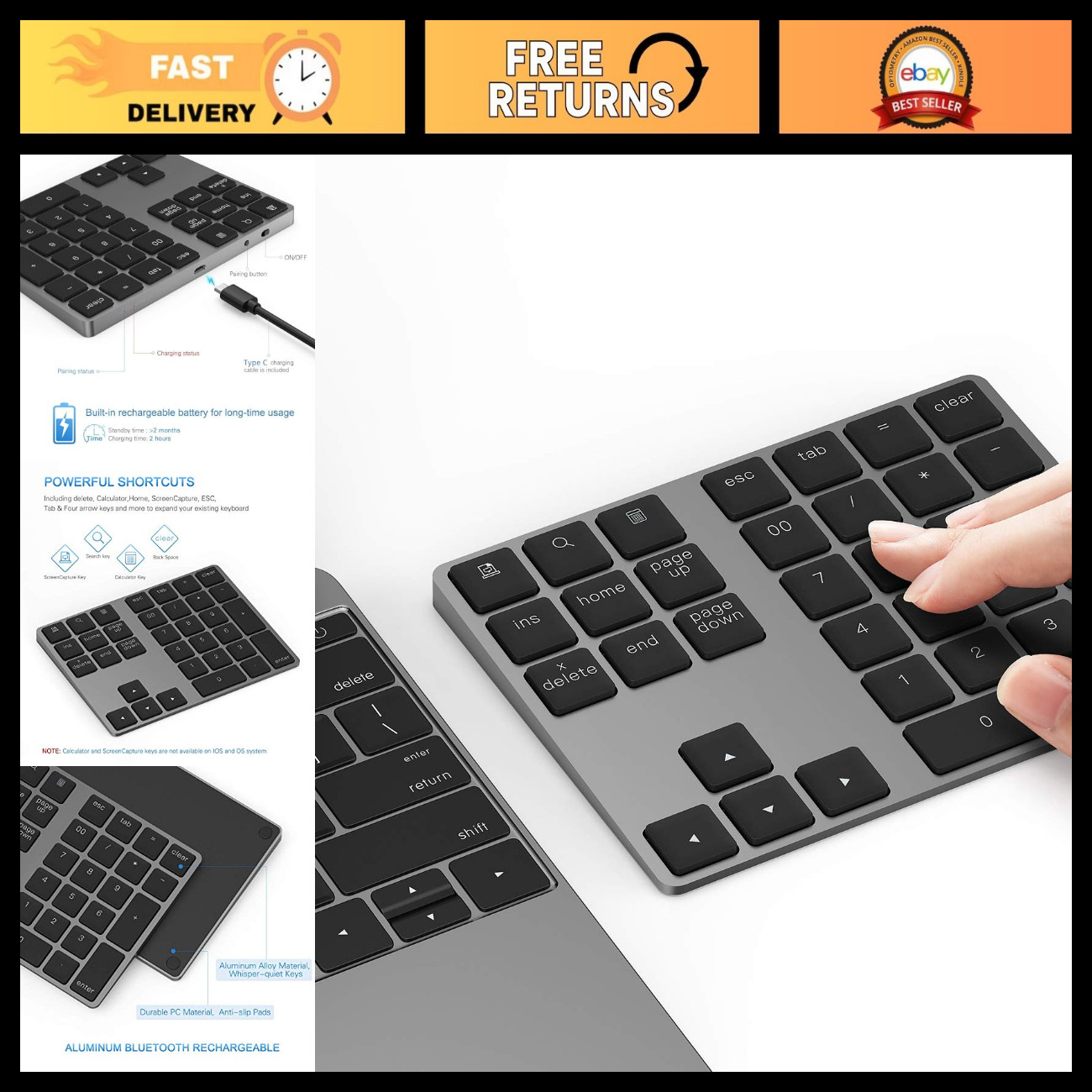 Wireless Bluetooth Numeric Keypad - Rechargeable Aluminum Number Pad for Laptops