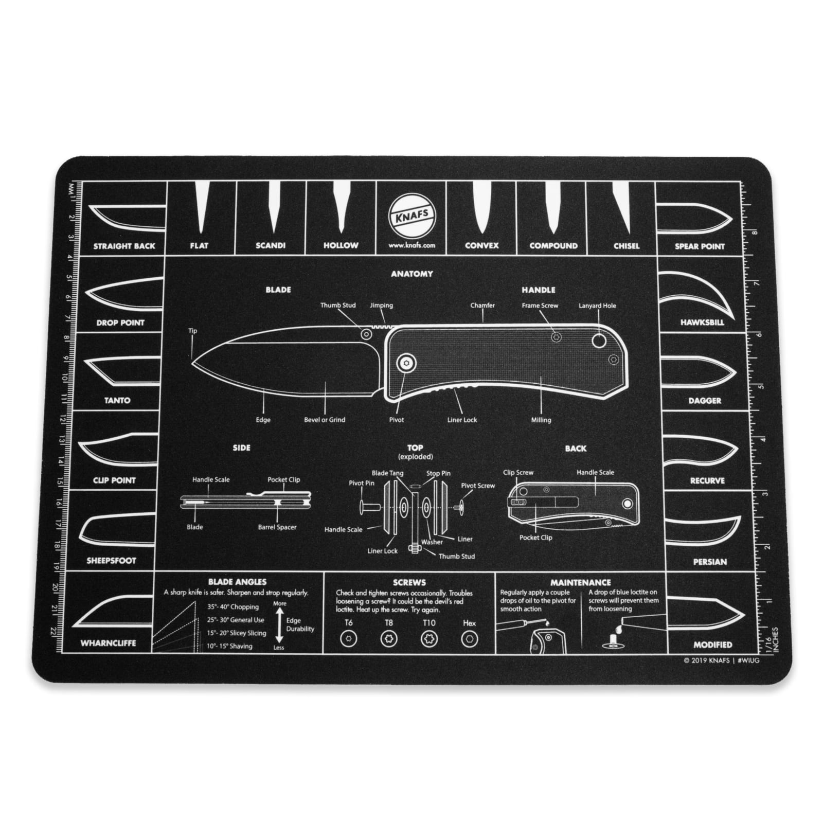 Knafs Knife Reference Mouse Pad 14" x 10" Black Non-Slip Shop Mat Rulers