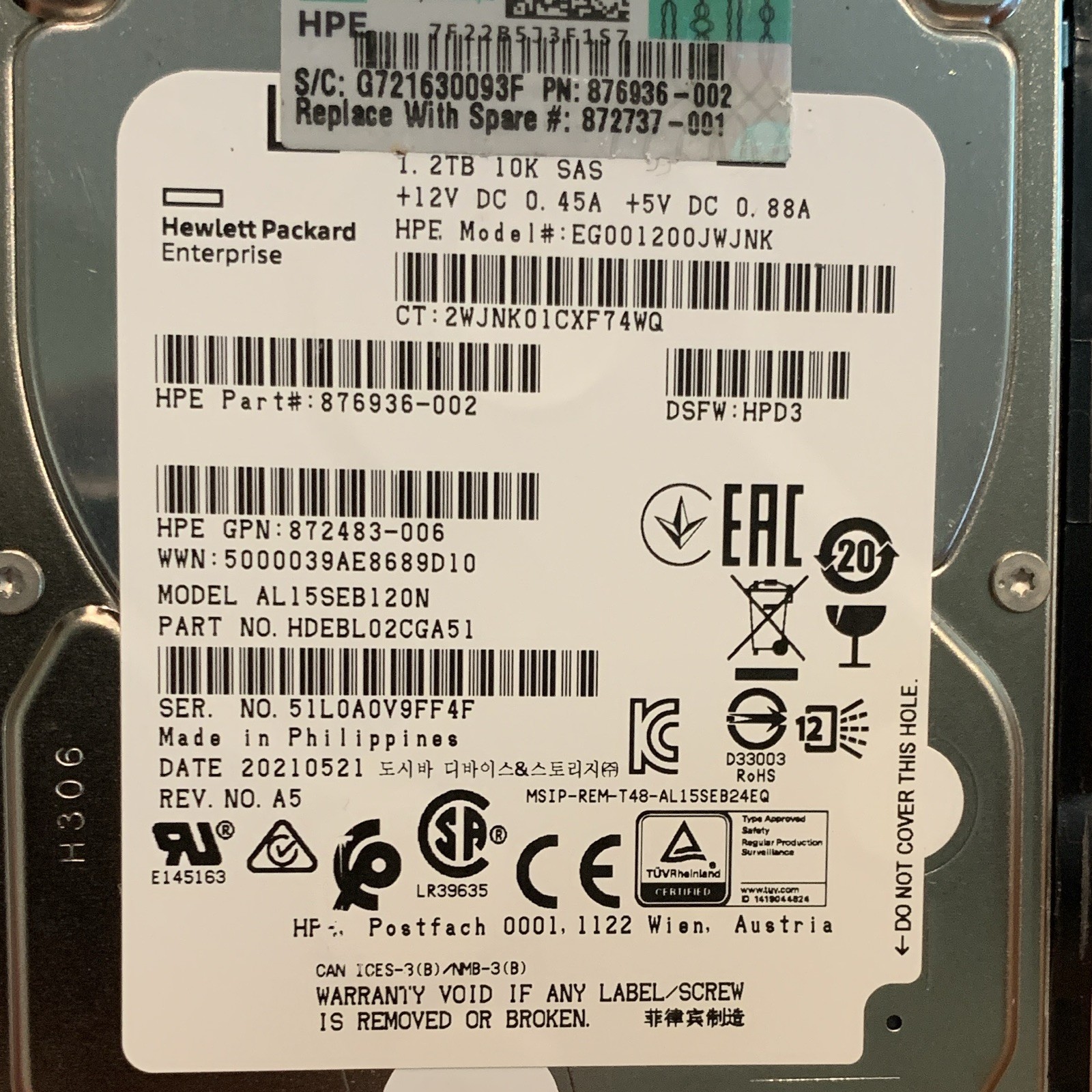 HPE 1.2TB 10K SAS 2.5" Hot-Swap HDD 12Gbps EG001200JWJNK 876936-002