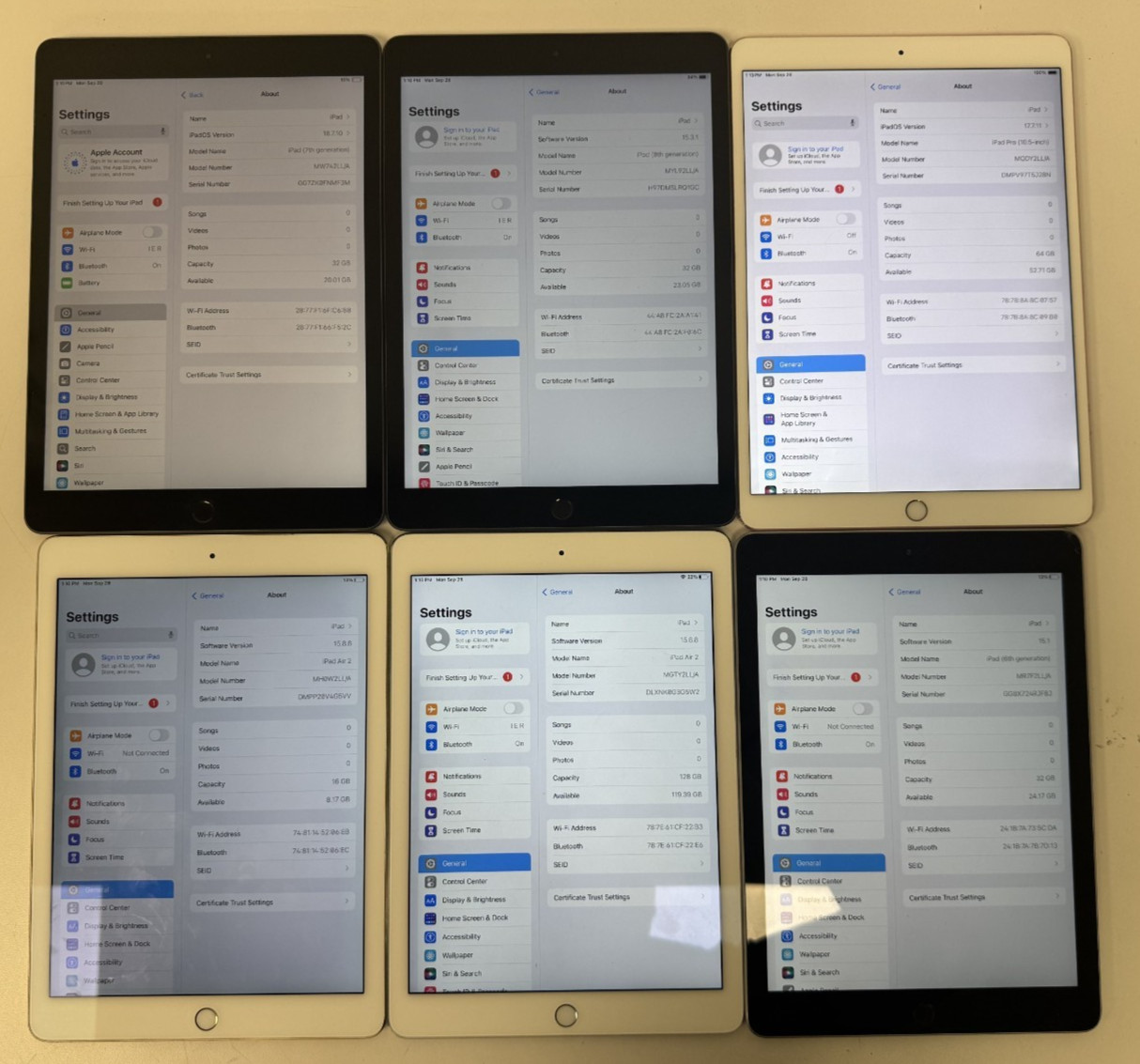 LOT Mixed Apple iPads (Air 2, gen 6 7 & 8, iPad Pro 1st Gen) Reset and Tested