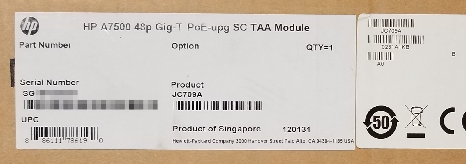 HP / H3C 7500 48-Port Gig-T PoE-upgradable SC TAA Module JC709A LSQ1GV48SC0
